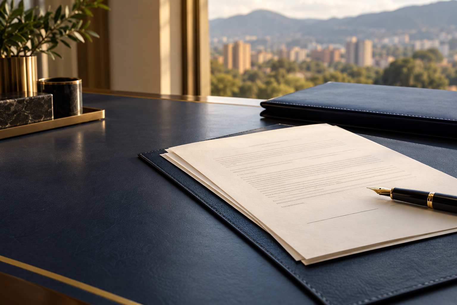 Documento sin firmar y pluma sobre un escritorio azul oscuro
