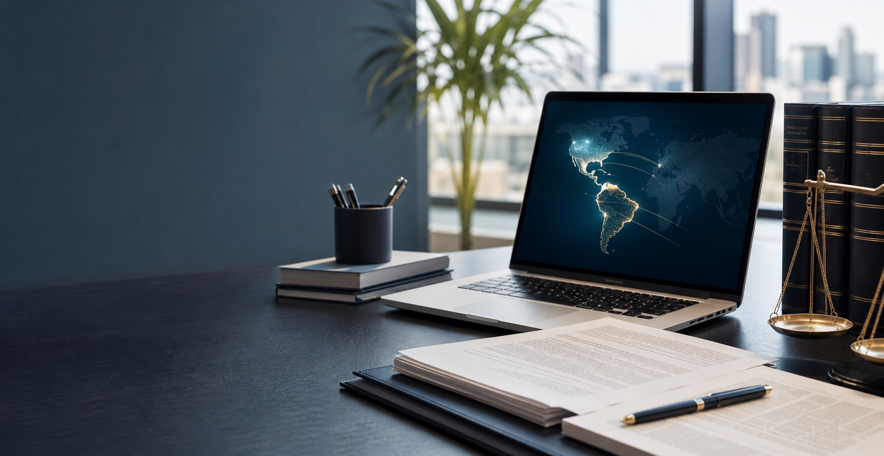 Legal desk representing bilingual cross-border work between Colombia and the United States